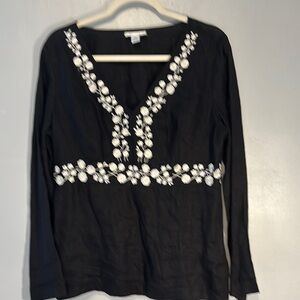 LOFT Black Embellished Blouse with V-Neck